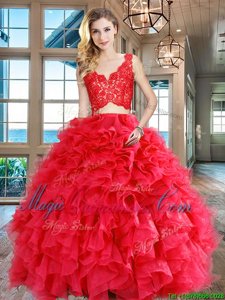 Artistic V-neck Sleeveless Zipper Quince Ball Gowns Red Organza
