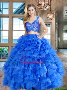 Edgy Sleeveless Organza Floor Length Zipper Ball Gown Prom Dress in Blue for with Lace and Ruffles