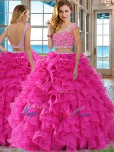 Fashion Hot Pink Organza Backless Scoop Cap Sleeves Floor Length Quinceanera Gown Beading and Ruffles