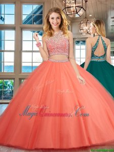 Exceptional Scoop Sleeveless Floor Length Beading Backless Ball Gown Prom Dress with Watermelon Red