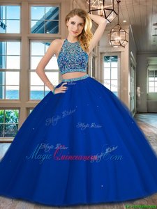 Scoop Royal Blue Sleeveless Floor Length Beading Backless Quince Ball Gowns