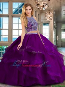 Adorable Scoop Purple Backless Sweet 16 Quinceanera Dress Beading and Ruffles Sleeveless Floor Length