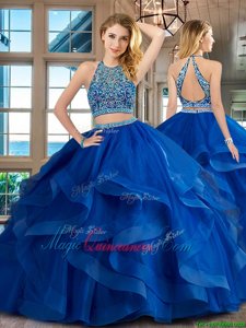 Scoop Royal Blue Sleeveless Floor Length Beading and Ruffles Backless Quince Ball Gowns