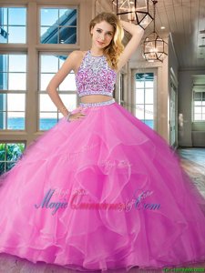 Scoop Sleeveless Organza Ball Gown Prom Dress Beading and Ruffles Backless