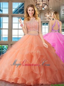 Scoop Peach Sleeveless Organza Backless Sweet 16 Dresses for Military Ball and Sweet 16 and Quinceanera