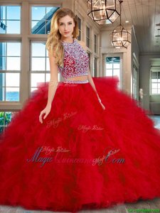 Amazing Scoop Beading and Ruffles Sweet 16 Quinceanera Dress Red Backless Sleeveless Floor Length
