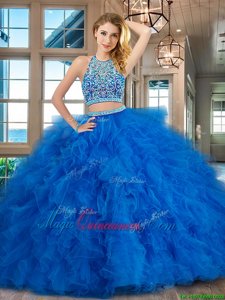 Noble Scoop Blue Backless Quinceanera Dresses Beading and Ruffles Sleeveless Floor Length