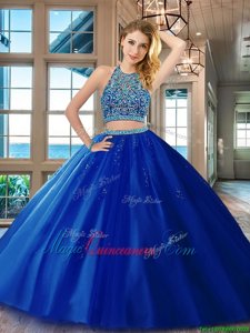 Scoop Backless Floor Length Royal Blue Sweet 16 Dresses Tulle Sleeveless Beading