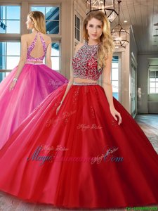 Discount Scoop Backless Red Sleeveless Beading Floor Length Sweet 16 Quinceanera Dress