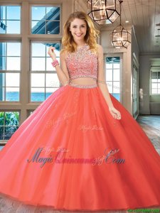 Shining Scoop Watermelon Red Backless 15 Quinceanera Dress Beading Sleeveless Floor Length