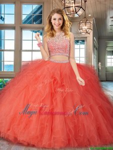 Charming Scoop Backless Floor Length Orange Red Sweet 16 Dress Tulle Sleeveless Beading and Ruffles