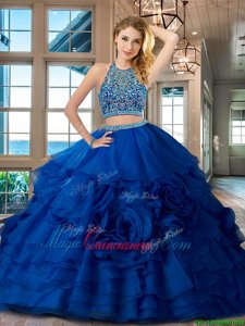 Scoop Sleeveless Organza 15th Birthday Dress Beading and Ruffles Backless