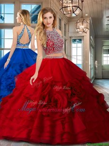 Red Two Pieces Organza Scoop Sleeveless Beading and Ruffles Floor Length Backless Quinceanera Dresses