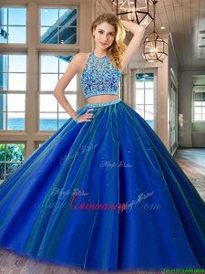 Scoop Royal Blue Sleeveless Floor Length Beading Backless Vestidos de Quinceanera