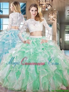 Apple Green Two Pieces Scoop Long Sleeves Organza Floor Length Zipper Beading and Lace and Ruffles Quince Ball Gowns