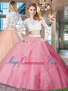 Scoop Long Sleeves Tulle Floor Length Zipper Vestidos de Quinceanera in Rose Pink for with Beading and Lace and Ruffles