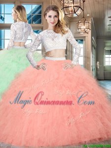 Low Price Floor Length Watermelon Red Sweet 16 Dress Scoop Long Sleeves Zipper