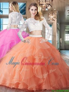 Wonderful Scoop Long Sleeves Brush Train Zipper Beading and Lace and Ruffles 15th Birthday Dress