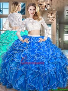 Scoop Long Sleeves Organza Floor Length Zipper Quinceanera Dresses in Royal Blue for with Beading and Lace and Ruffles
