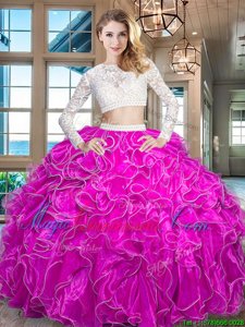 Organza Scoop Long Sleeves Zipper Beading and Lace and Ruffles Sweet 16 Dress in Fuchsia