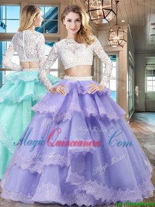 Scoop Lavender Long Sleeves Floor Length Beading and Lace and Ruffled Layers Zipper Quince Ball Gowns