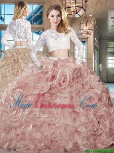 Luxurious Scoop Long Sleeves Brush Train Zipper Beading and Lace and Ruffles Quinceanera Gown