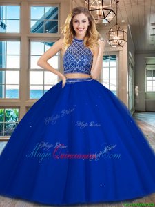 Best Selling Royal Blue Halter Top Neckline Beading Quinceanera Gowns Sleeveless Backless