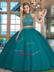 Low Price Halter Top Floor Length Two Pieces Sleeveless Teal Sweet 16 Dress Backless