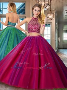 Tulle Halter Top Sleeveless Brush Train Backless Beading Sweet 16 Dresses in Fuchsia