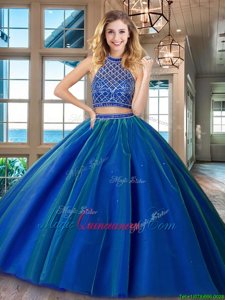 Admirable Two Piece HalterHalter Top Royal Blue Tulle Backless Ball Gown Prom Dress Sleeveless Brush Train Beading