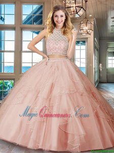 Tulle Halter Top Sleeveless Backless Beading and Ruffles Quinceanera Dress in Pink