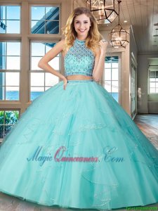 Two Pieces Quinceanera Gown Aqua Blue Halter Top Tulle Sleeveless Floor Length Backless