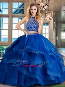 Simple Royal Blue 15 Quinceanera Dress Halter Top Sleeveless Brush Train Backless