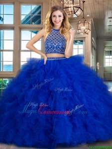Fantastic Halter Top Backless Royal Blue 15 Quinceanera Dress Tulle Brush Train Sleeveless Beading and Ruffles