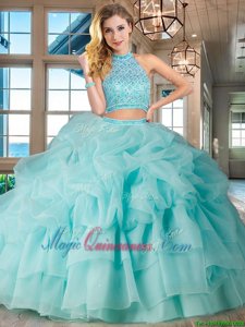 Flirting Halter Top Sleeveless Organza Brush Train Backless Sweet 16 Dresses in Aqua Blue for with Beading and Ruffled Layers and Pick Ups