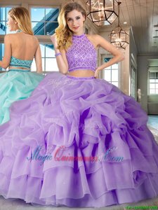 Shining Lavender Two Pieces Organza Halter Top Sleeveless Beading and Ruffled Layers and Pick Ups Backless 15th Birthday Dress Brush Train