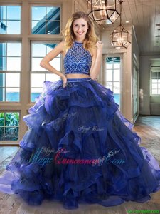 Royal Blue Backless Halter Top Beading and Ruffles 15 Quinceanera Dress Tulle Sleeveless Brush Train
