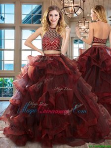 Halter Top Backless Quinceanera Gown Burgundy and In for Military Ball and Sweet 16 and Quinceanera with Beading and Ruffles Brush Train