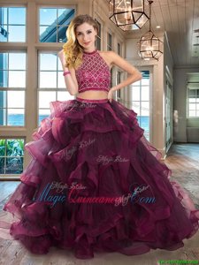 Halter Top Dark Purple Backless 15 Quinceanera Dress Beading and Ruffles Sleeveless Brush Train