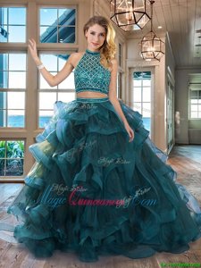 Halter Top Sleeveless Tulle Sweet 16 Dress Beading and Ruffles Brush Train Backless
