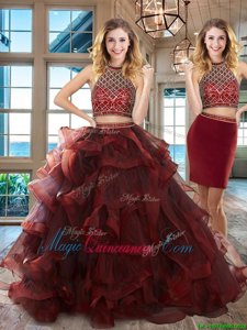 Halter Top Beading and Ruffles Vestidos de Quinceanera Burgundy Backless Sleeveless Brush Train
