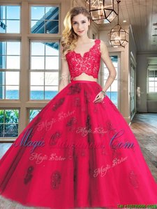 Red Sweet 16 Dresses Military Ball and Sweet 16 and Quinceanera and For with Lace and Appliques V-neck Sleeveless Zipper