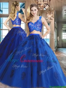 Royal Blue Sleeveless Lace and Appliques Floor Length Quinceanera Gown
