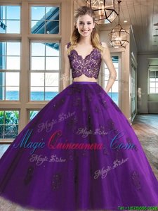 Superior Floor Length Two Pieces Sleeveless Purple Sweet 16 Dress Zipper