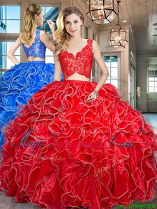Organza V-neck Sleeveless Zipper Lace and Ruffles Quinceanera Dresses in Red