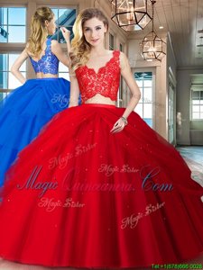 Flirting Red V-neck Zipper Lace and Ruffled Layers Quinceanera Dresses Sleeveless