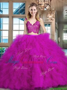 Edgy V-neck Sleeveless Brush Train Zipper Quinceanera Dresses Fuchsia Tulle