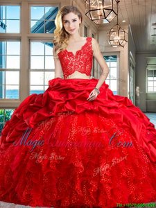 Custom Designed Pick Ups Brush Train Two Pieces Quince Ball Gowns Red V-neck Taffeta and Tulle Sleeveless Zipper