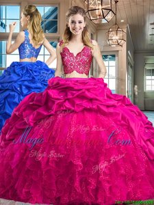 Best Fuchsia V-neck Zipper Lace and Ruffles and Pick Ups Quinceanera Gowns Brush Train Sleeveless