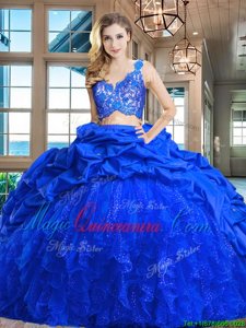 Chic Sleeveless Lace and Ruffles and Pick Ups Zipper Vestidos de Quinceanera with Royal Blue Brush Train